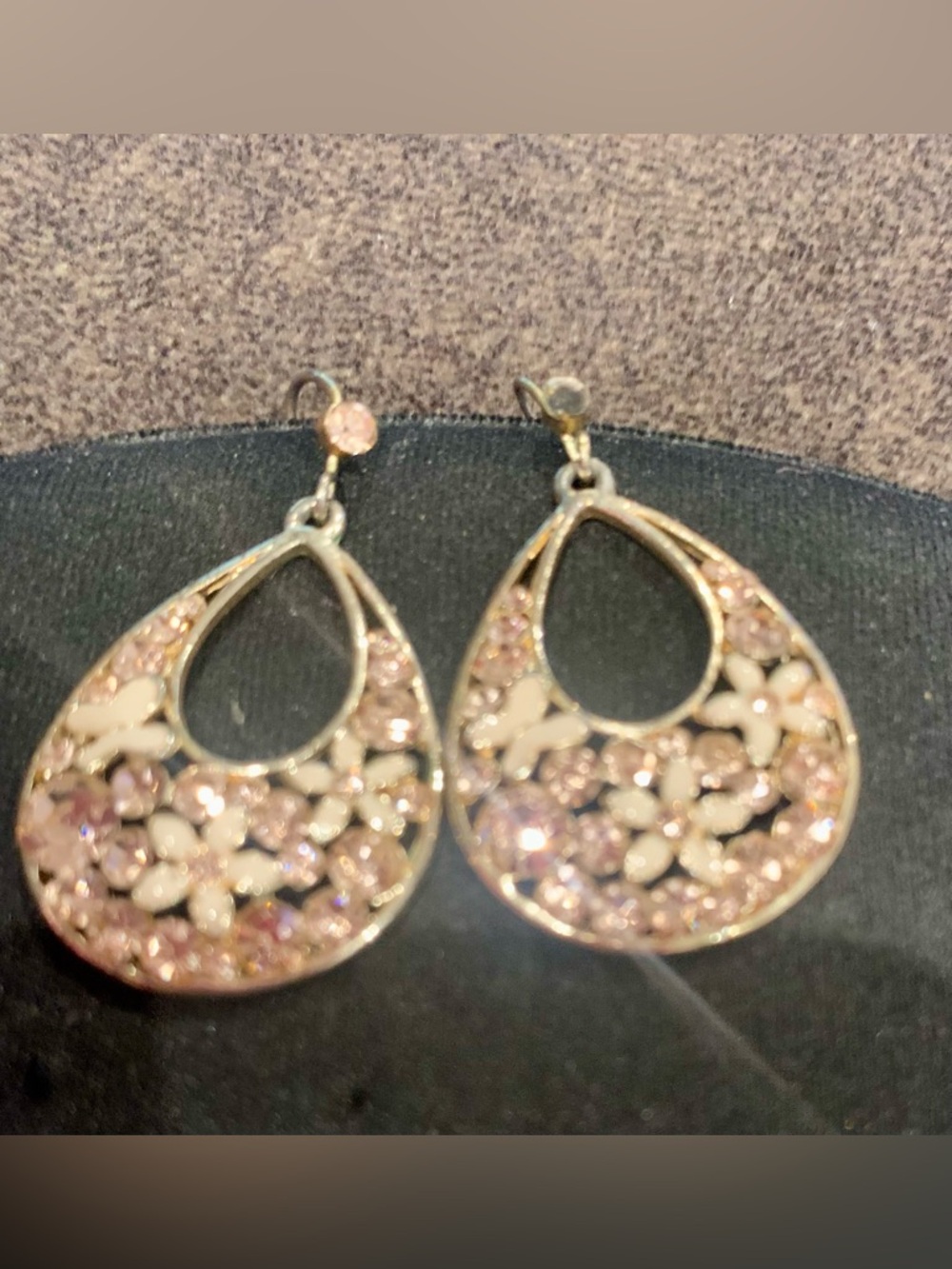 Gold Floral Teardrop Earrings with White Enamel Accents